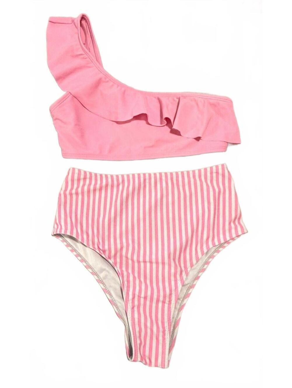 Pink One-Shoulder Ruffle Bikini Set with High-Waisted Striped Bottoms Size XS